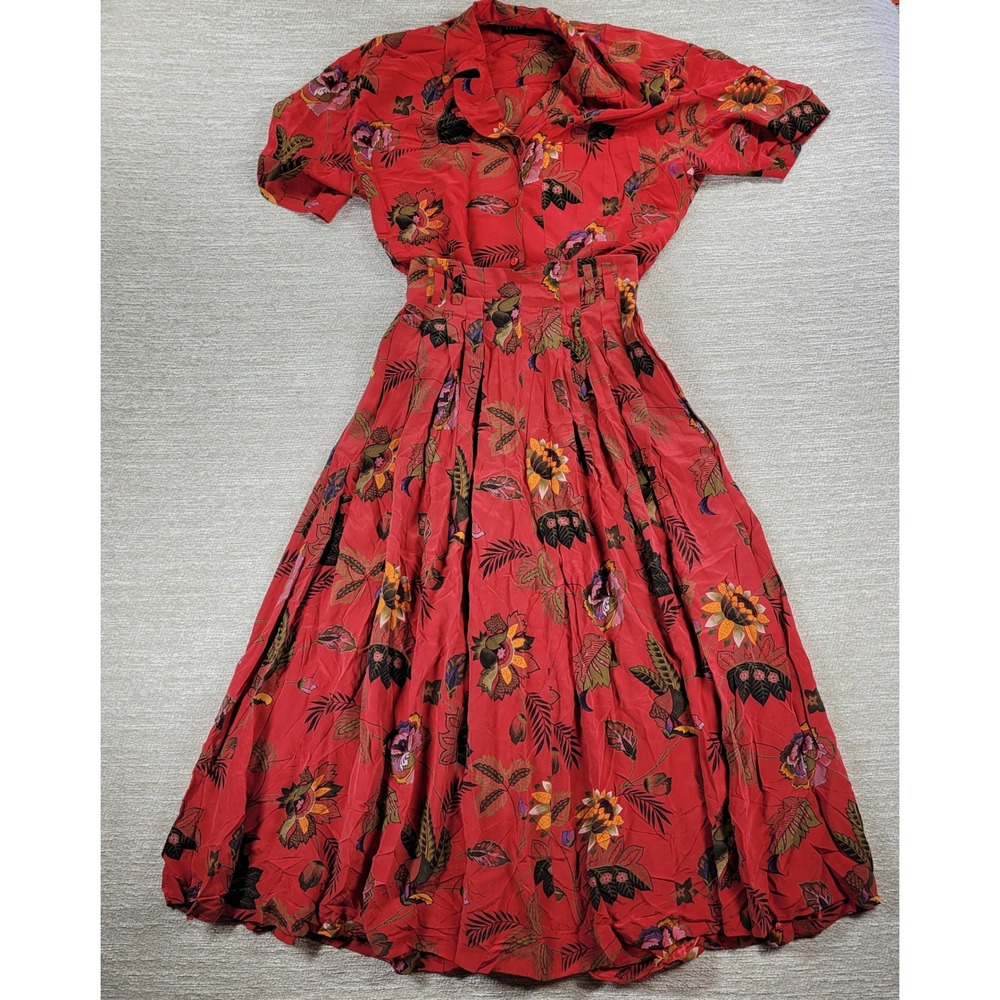 Vintage Ellen Tracy Silk Skirt Set 4 Red Floral Shoulder Pad Top Retro Hong Kong